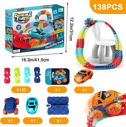 LED gravity car track set with 138 pieces, flexible track, and colorful racing cars for fun playtime