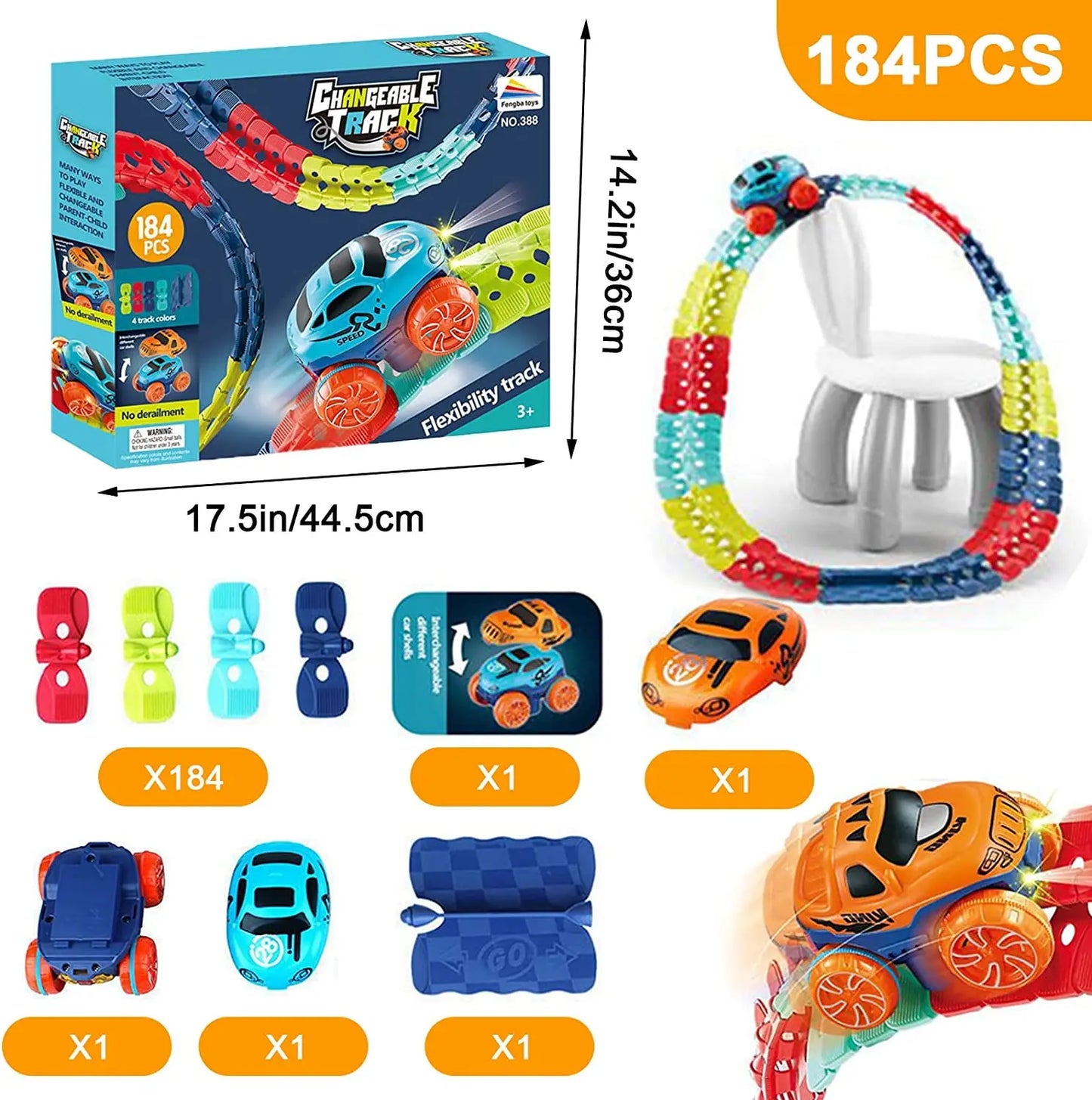 ActivePlaythings LED gravity car track set with 184 pieces for flexible and creative play