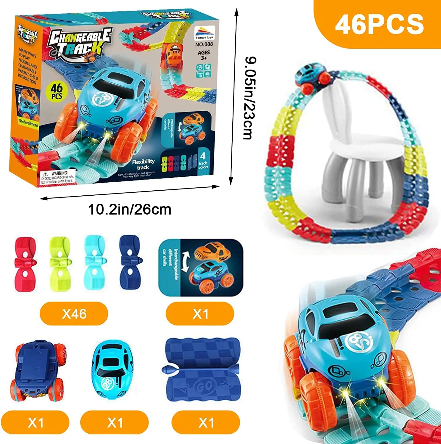 LED gravity car track set with 46 pieces including colorful flexible tracks and a racing car
