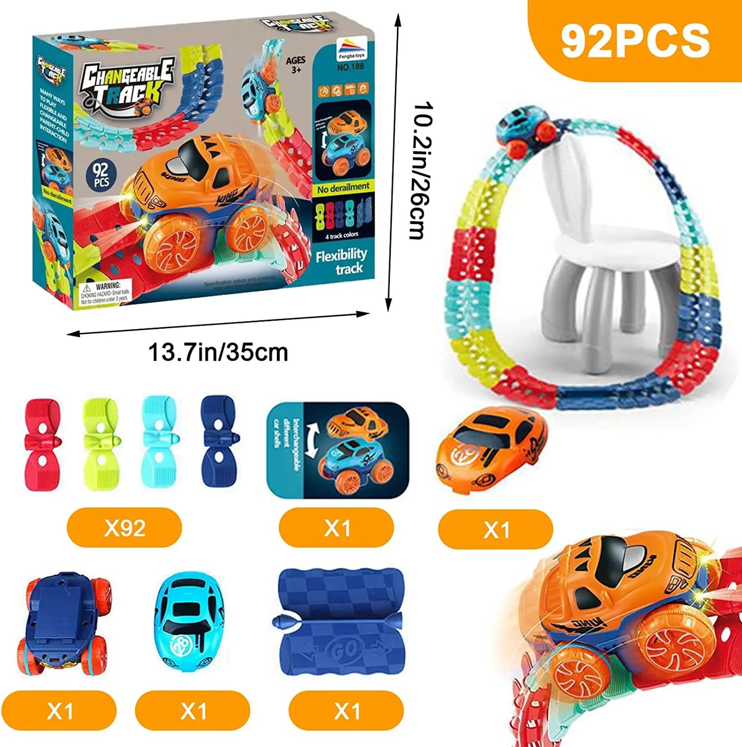 LED gravity car track set with 92 pieces for flexible racing fun and exciting play options