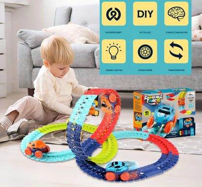 Child playing with LED gravity car track set featuring colorful tracks and cars for imaginative play