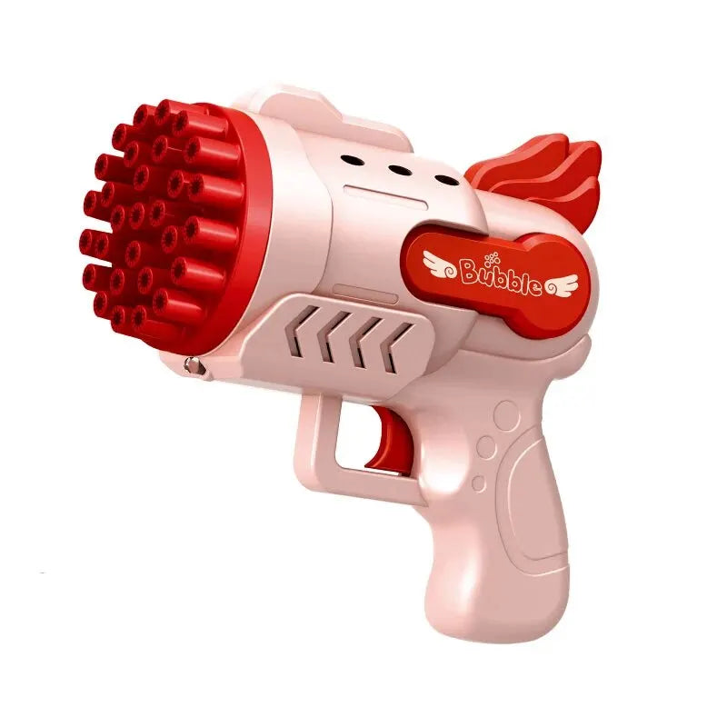Light-up bubble blaster in white and red with multiple bubble outlets for outdoor fun