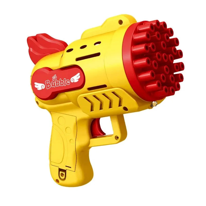 Bright yellow light-up bubble blaster toy with red accents for fun outdoor play