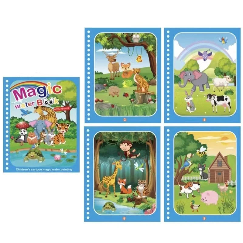 Colorful pages of the magic water color painting book featuring animals, nature scenes, and fun illustrations