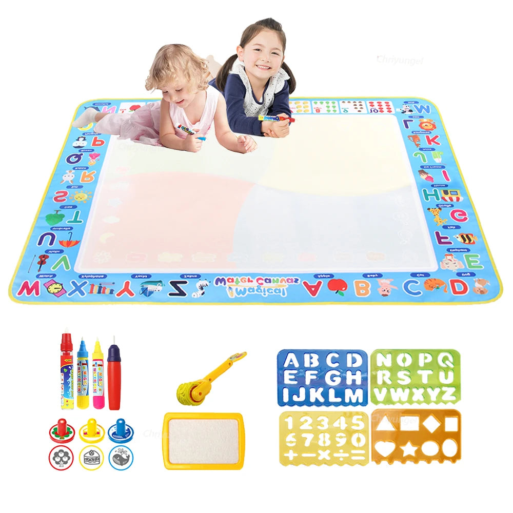 Children using a magic water drawing mat with colorful letters and shapes for creative play