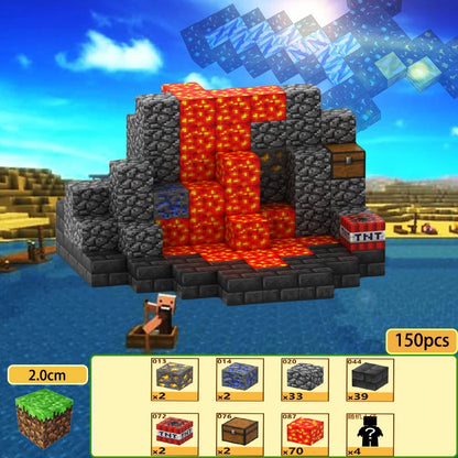 Creative volcanic scene built with magnetic building blocks for kids featuring colorful blocks and accessories