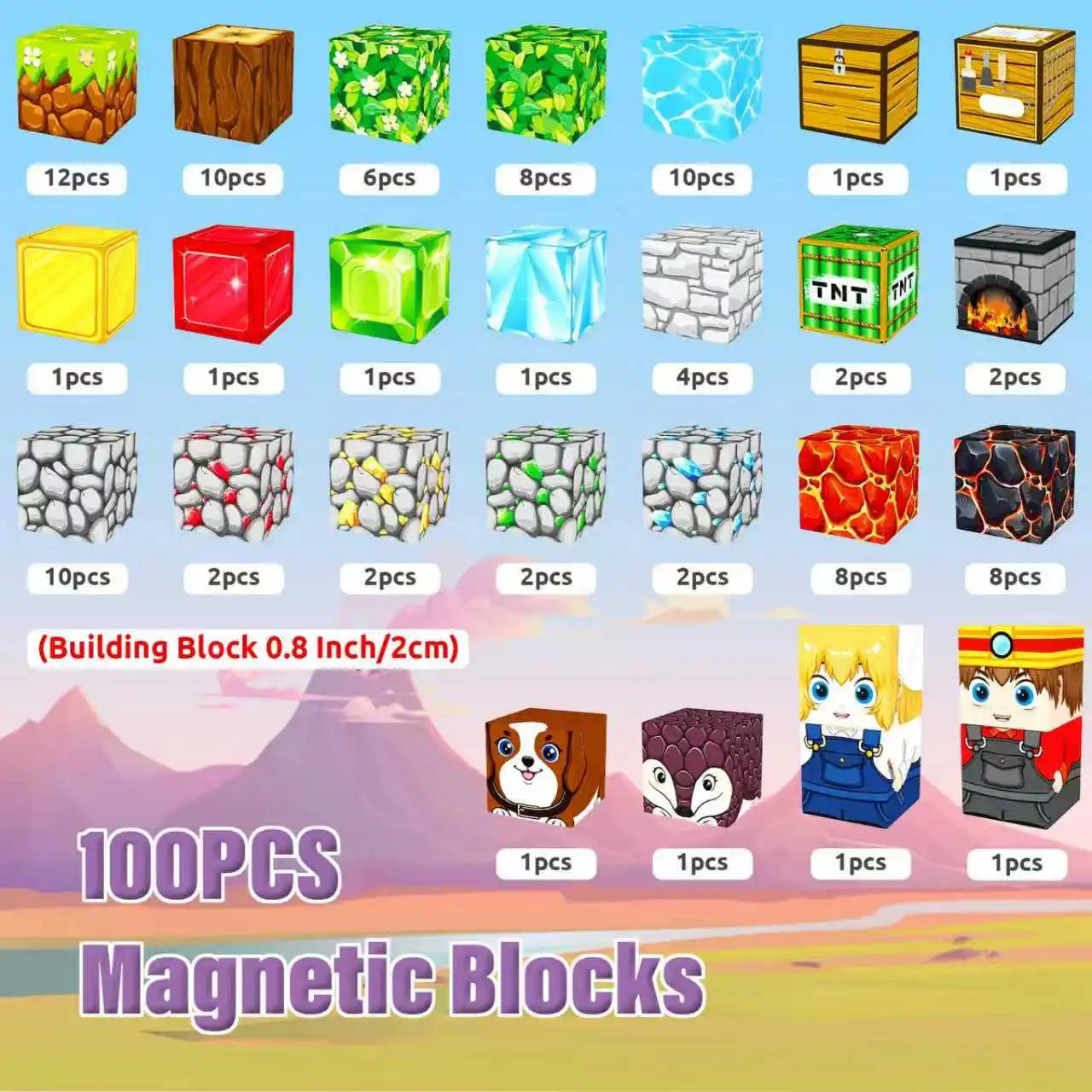 100PCS magnetic building blocks set with various shapes and colors for creative play and construction