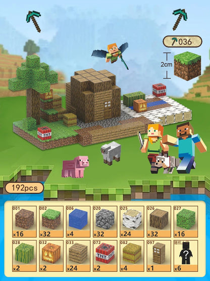 ActivePlaythings Magnetic Building Blocks Set featuring Minecraft-themed characters and structures with 192 pieces