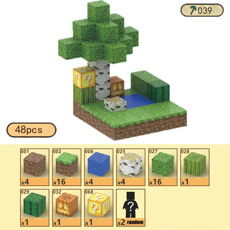Minecraft-style magnetic building blocks set with trees, water, and 48 colorful pieces for creative play