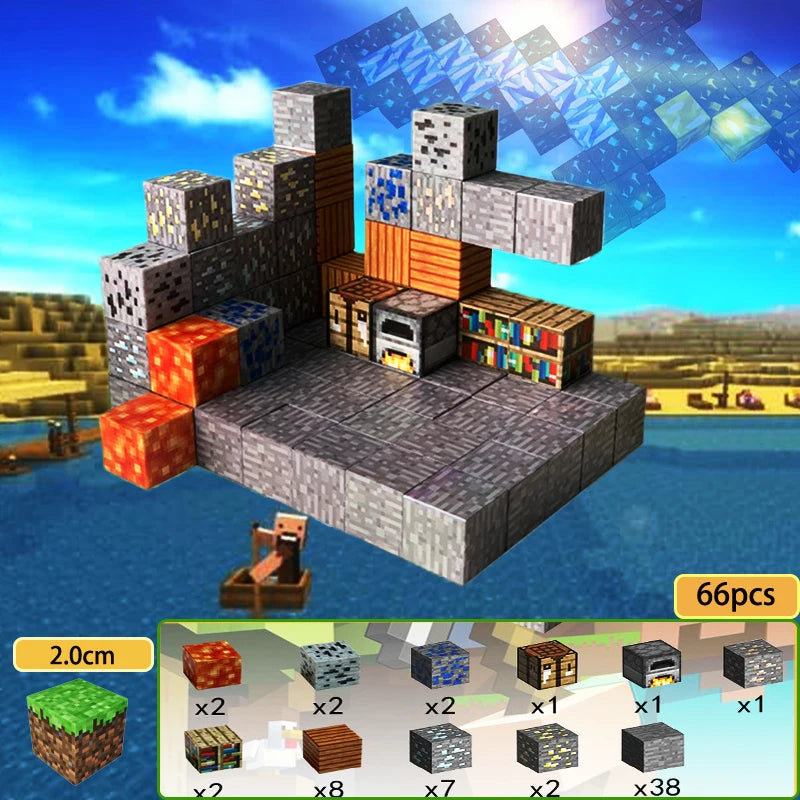 Colorful magnetic building blocks set featuring various shapes and textures for creative play and building