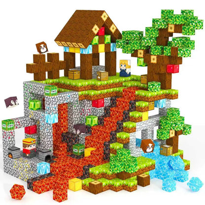 Colorful magnetic building blocks set featuring a treehouse, animals, and a vibrant landscape