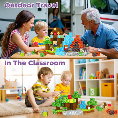 Family enjoying a magnetic building blocks set for creative play in classroom and outdoor settings