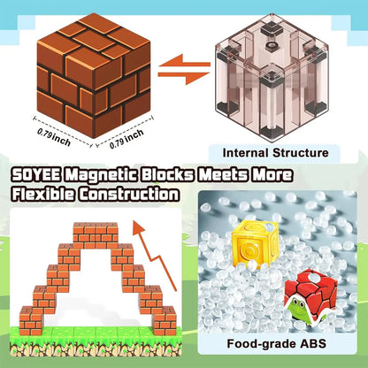SOYEE magnetic building blocks set showcasing flexible construction with internal structures and sustainable materials