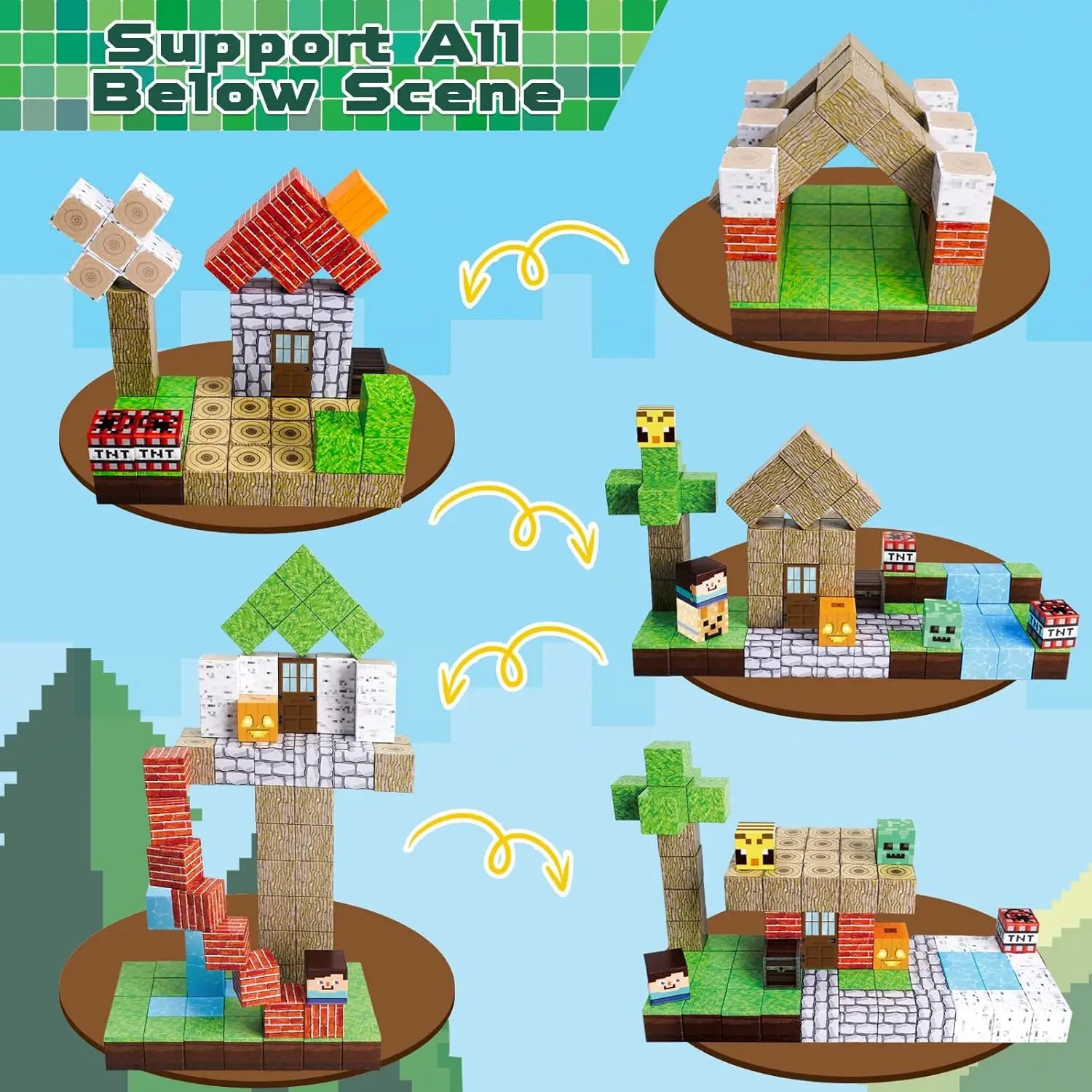 Creative structures made with ActivePlaythings magnetic building blocks set in various colorful designs