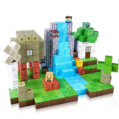 Colorful magnetic building blocks set featuring a waterfall, trees, and characters for creative play