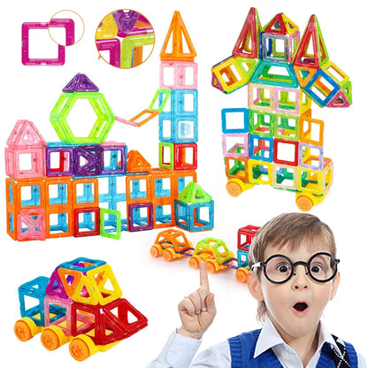 Colorful magnetic building tiles for kids showcasing various structures and a surprised child with glasses