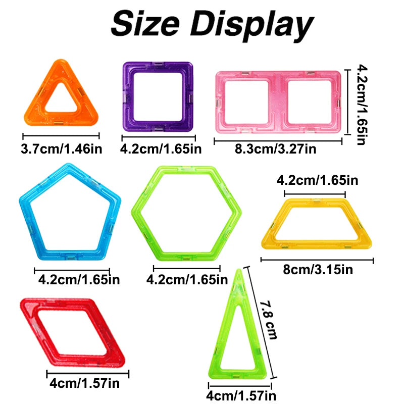 Size display of magnetic building tiles for kids in various shapes and colors with dimensions