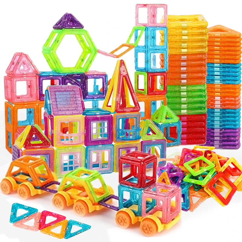Colorful magnetic building tiles set for creative play and educational fun, includes various shapes and pieces