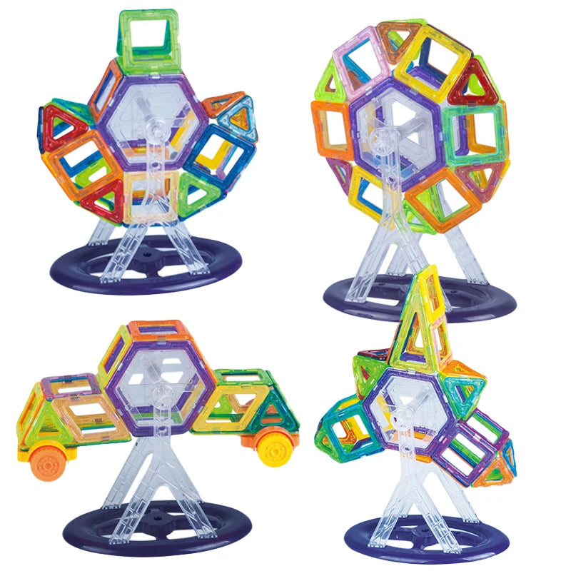 Colorful magnetic building tiles set featuring various structures like a ferris wheel and car for creative play