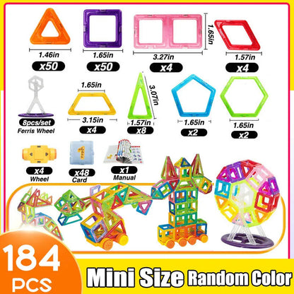 Colorful magnetic building tiles set with 184 pieces for creative construction and playtime fun