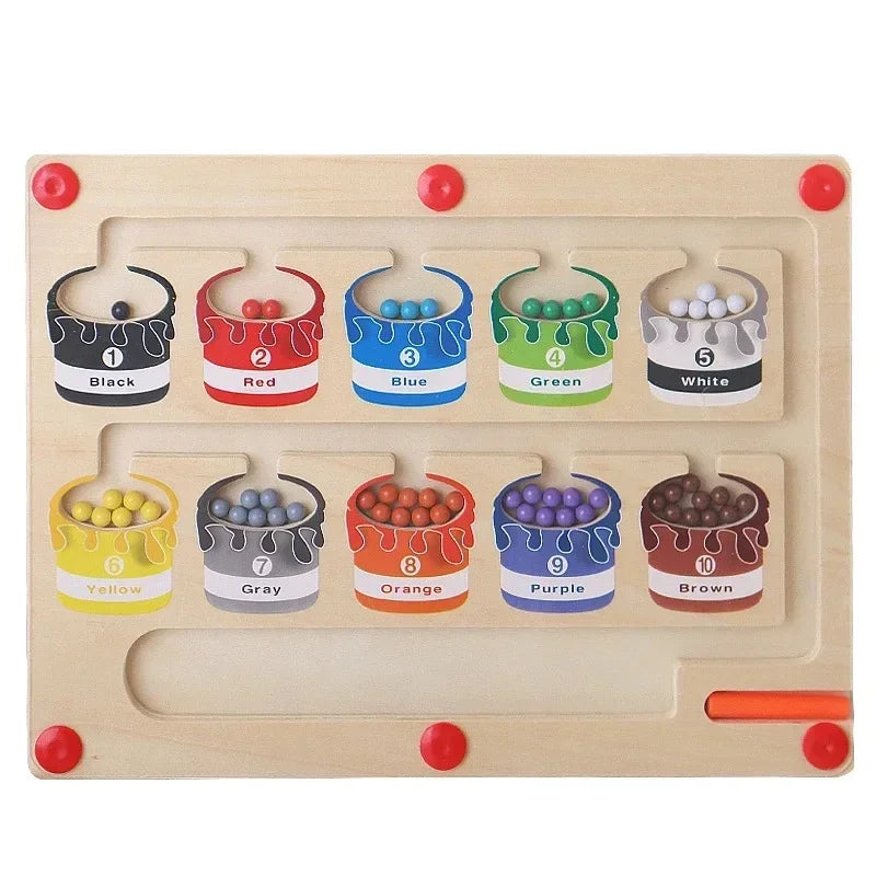 Montessori Toys Magnetic Color and Number Puzzle with colorful paint buckets and matching beads