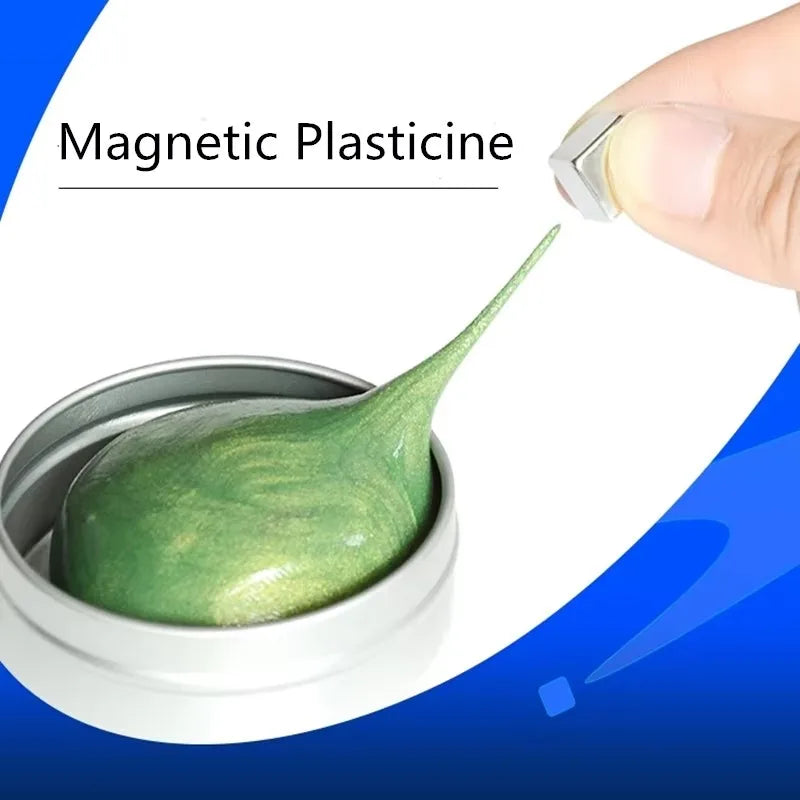 Green magnetic ferrofluid playdough in a silver container with a hand demonstrating its magnetic properties