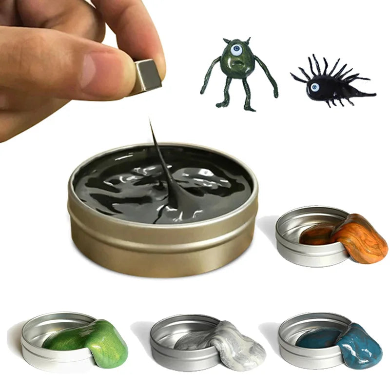 Magnetic ferrofluid playdough in a tin with magnetic manipulation for creative play