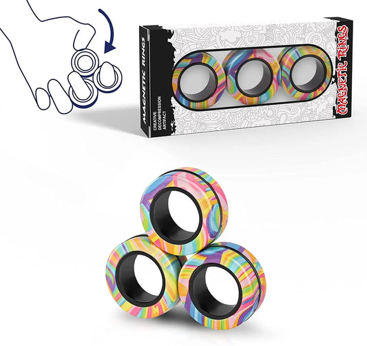Colorful set of three magnetic finger ring fidget toy for stress relief and sensory play