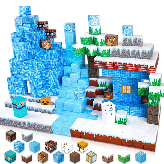 Magnetic frozen castle building blocks set featuring ice blocks, trees, and character figures for creative play