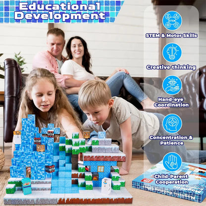 Children building a colorful scene with magnetic frozen castle building blocks for creative play