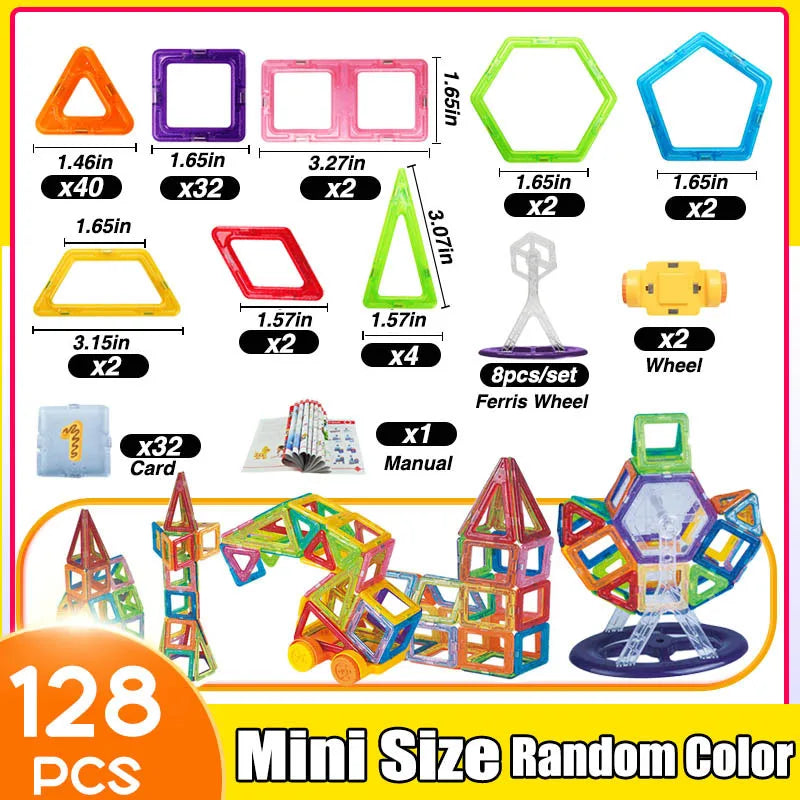 Mini magnetic building tiles set featuring colorful shapes and accessories for creative play and learning