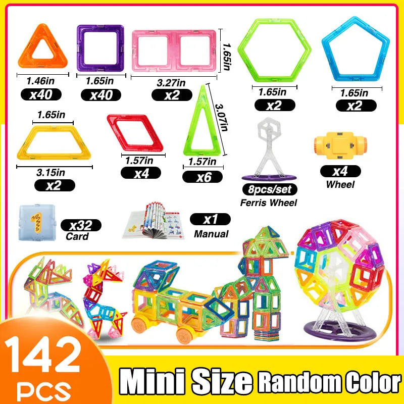 Mini magnetic building tiles set featuring 142 pieces in various shapes and colors for creative play