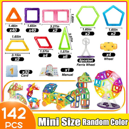 Mini magnetic building tiles set featuring 142 pieces in various shapes and colors for creative play
