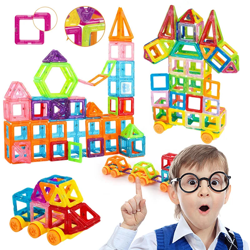 Colorful mini magnetic building tiles set with various shapes and a child playing with the structures