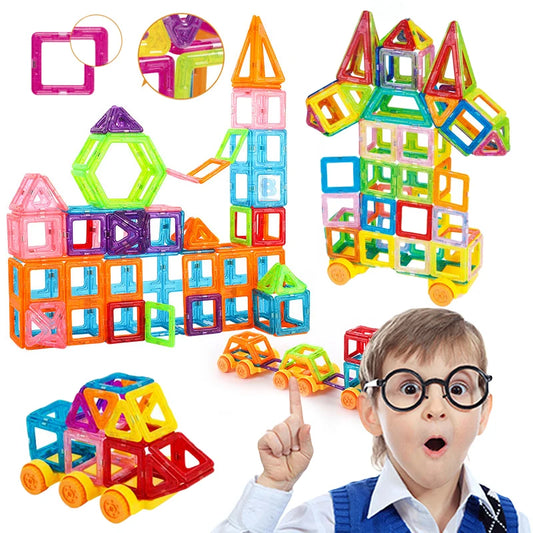Colorful mini magnetic building tiles set with various shapes and a child playing with the structures