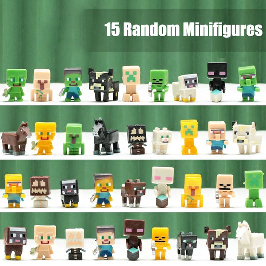 15 Random Mining Block Minifigures Set, featuring various characters and creatures for creative play