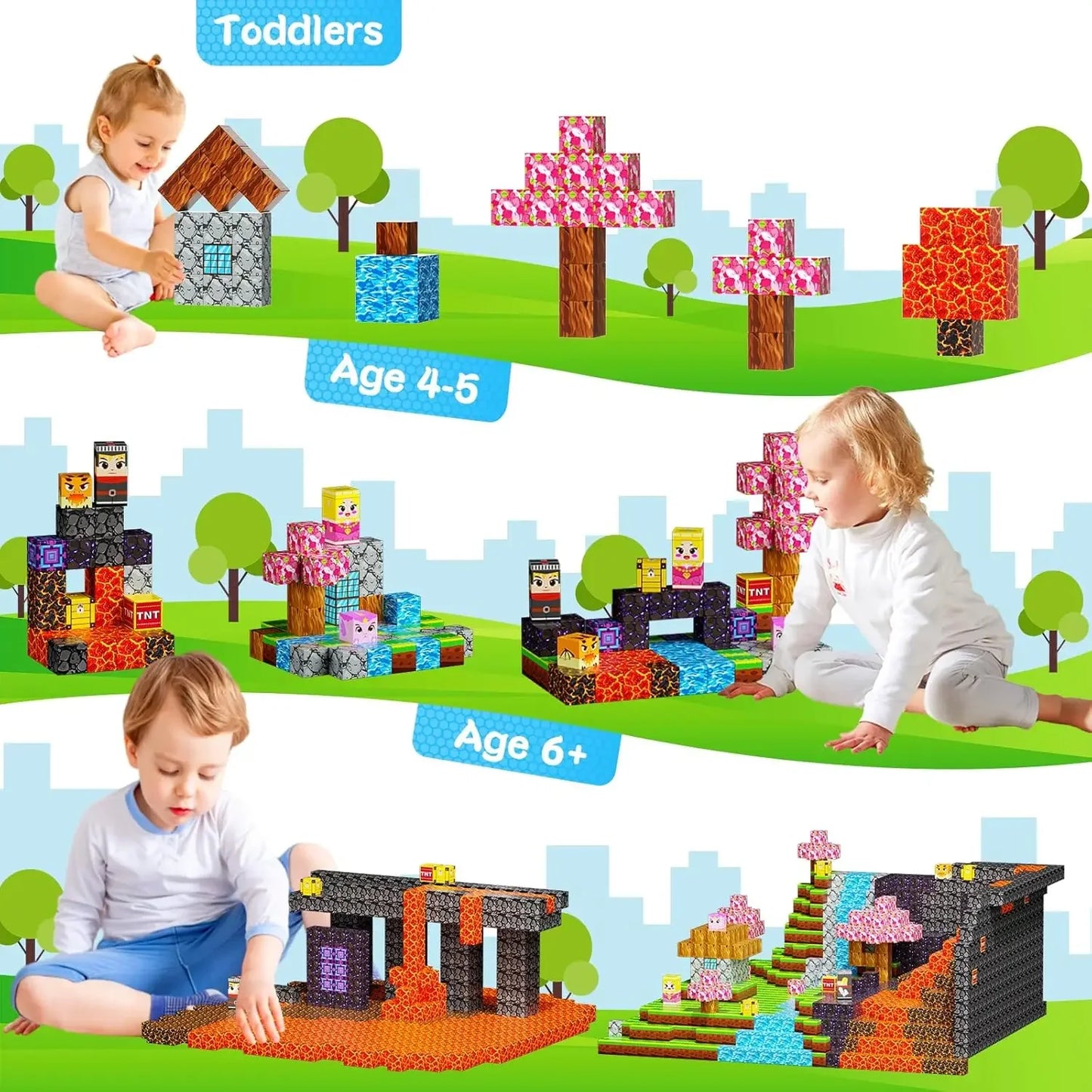 Active Playthings mining block minifigures set with children playing and building structures outdoors