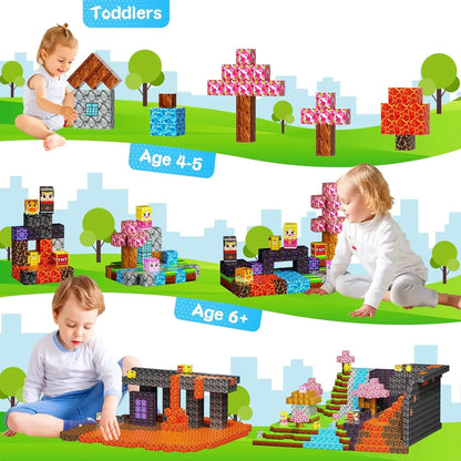 Active Playthings mining block minifigures set with children playing and building structures outdoors
