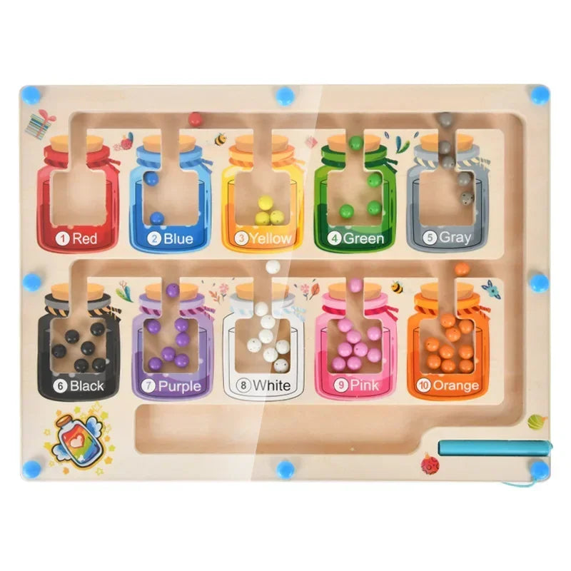Montessori learning maze for kids featuring colorful jars and counting beads for educational play