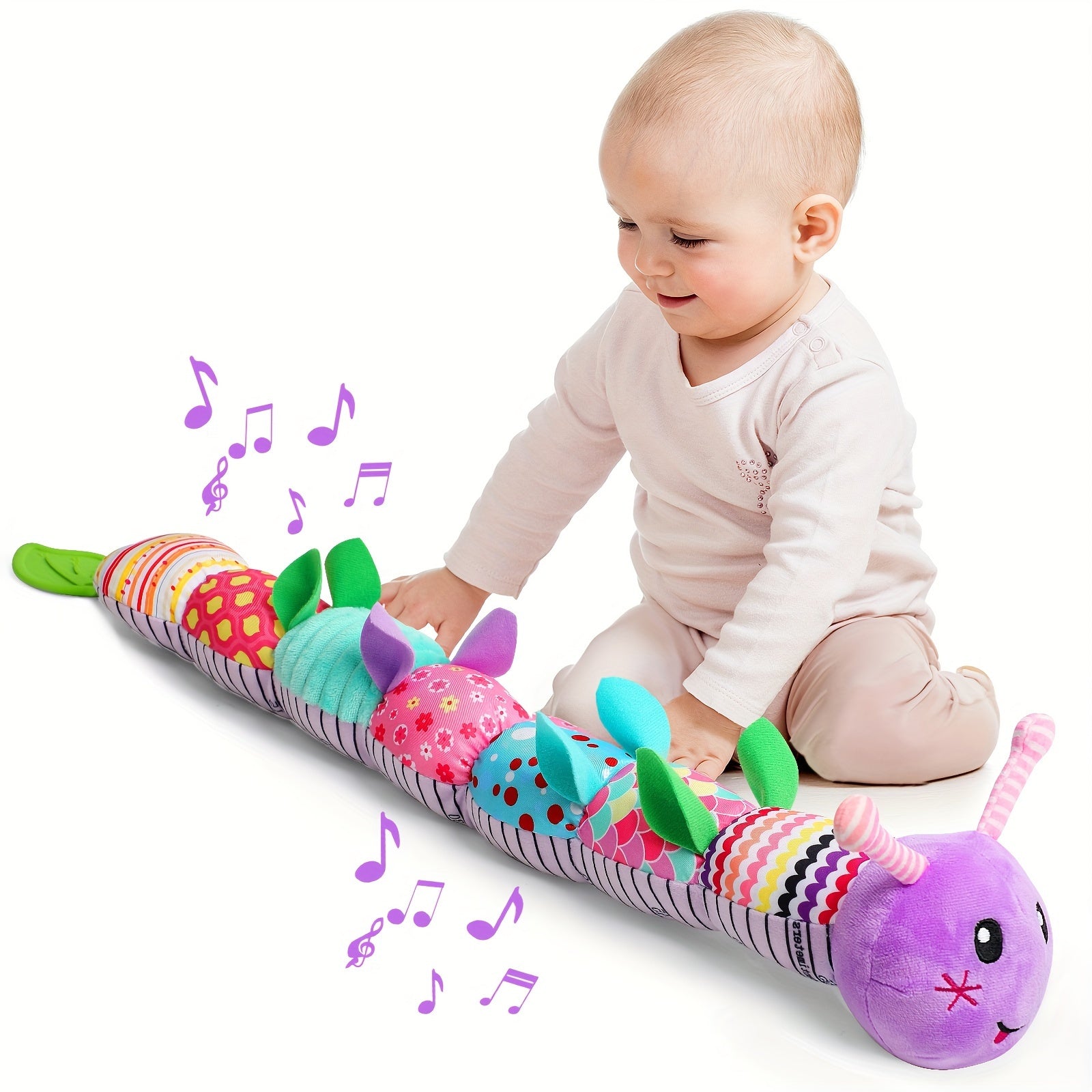 Baby playing with colorful musical stuffed animals for babies shaped like a long caterpillar toy