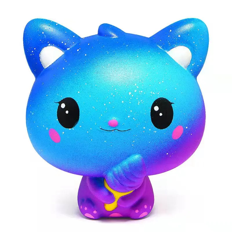 Mystic Kitty Squishy Toy in vibrant blue and purple with sparkles and a cute expression