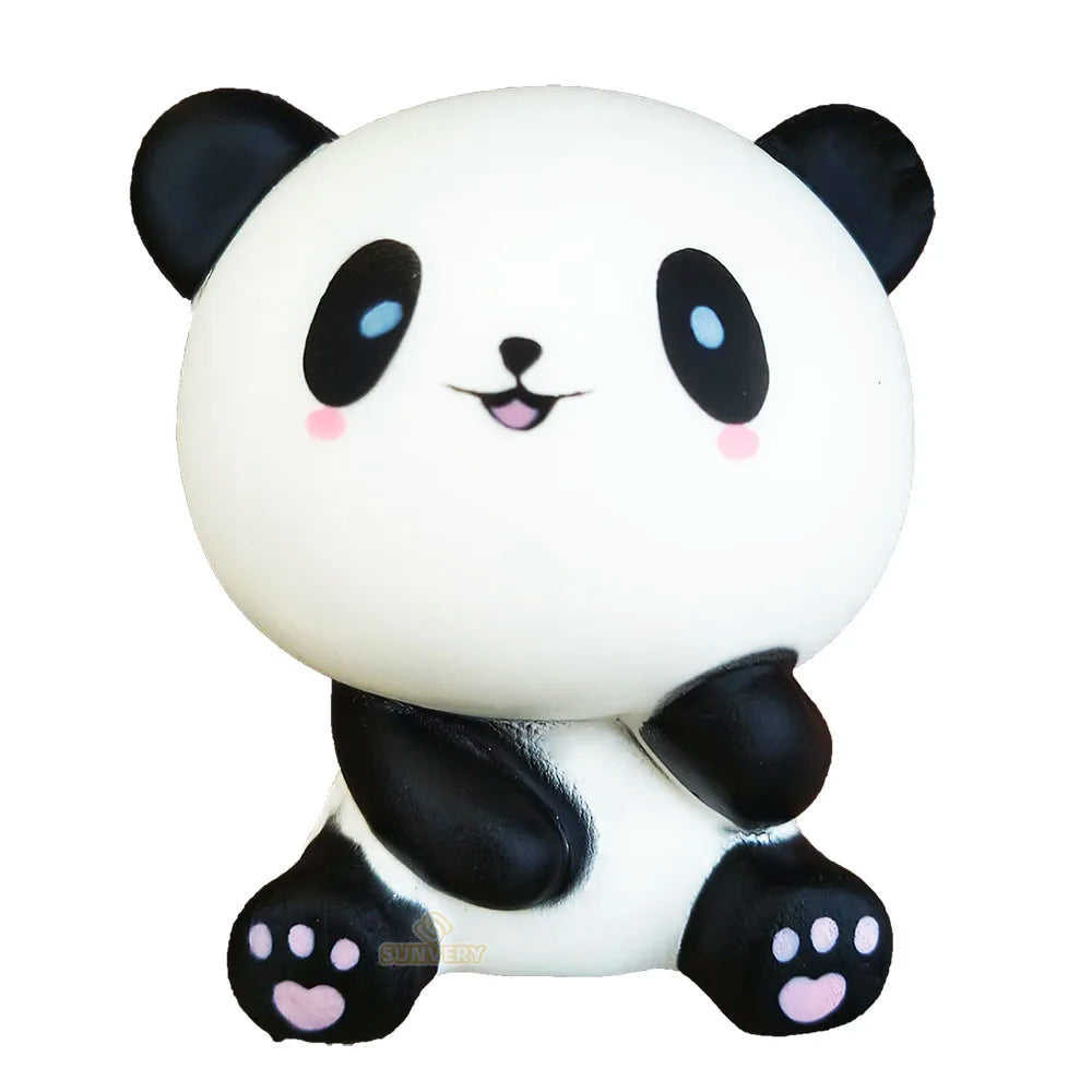 A cute, smiling panda figurine with black ears and paws, sitting playfully with a white body, showcasing adorable pink accents.
