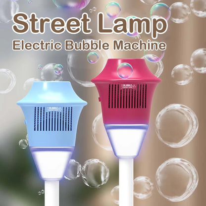 Active Playthings bubble street lamp sensory light electric bubble machine in blue and pink on poles with floating bubbles