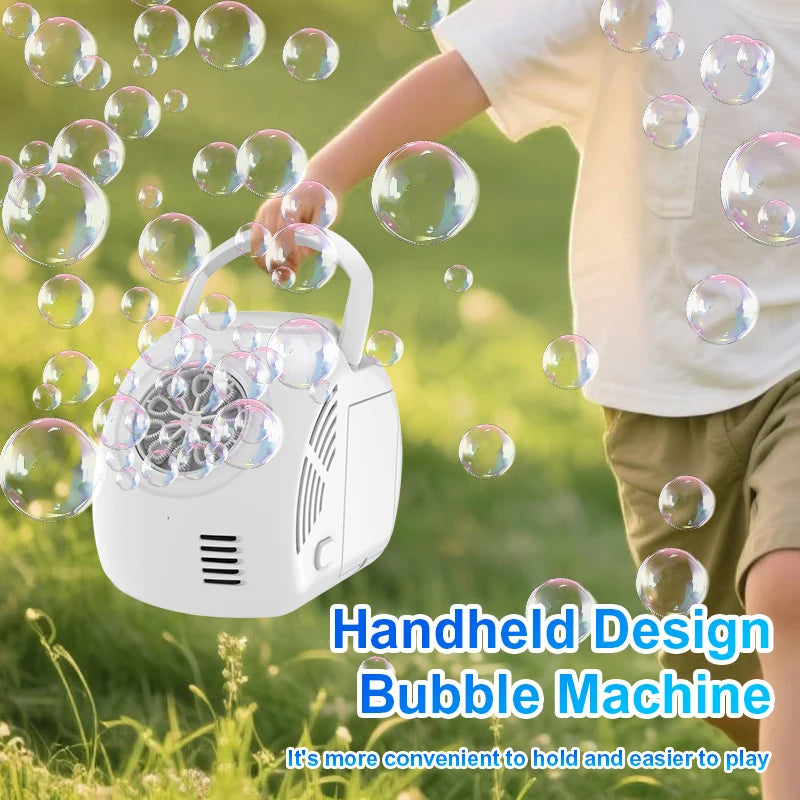 White handheld bubble machine producing bubbles outdoors with child running in grass automatic bubble machine for parties