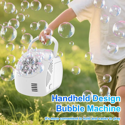 White handheld bubble machine producing bubbles outdoors with child running in grass automatic bubble machine for parties
