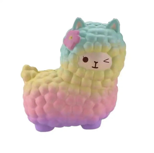 Rainbow Kitty Squishy Toy in pastel colors shaped like a cute alpaca with a flower detail