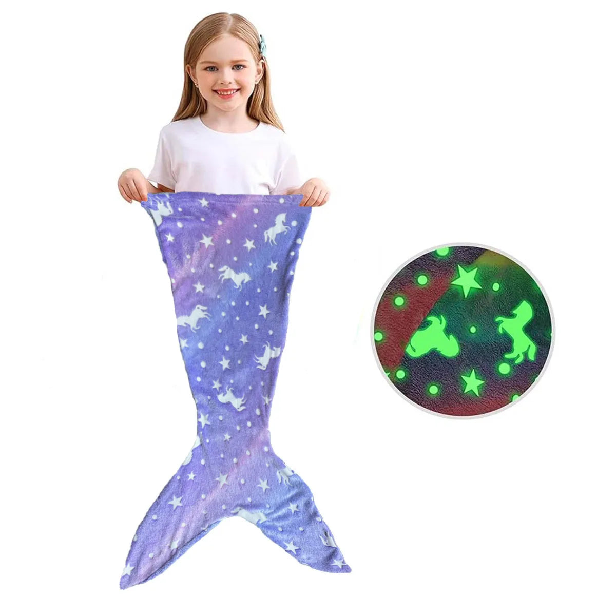 Colorful rainbow mermaid tail blanket for kids featuring glow-in-the-dark unicorns and stars