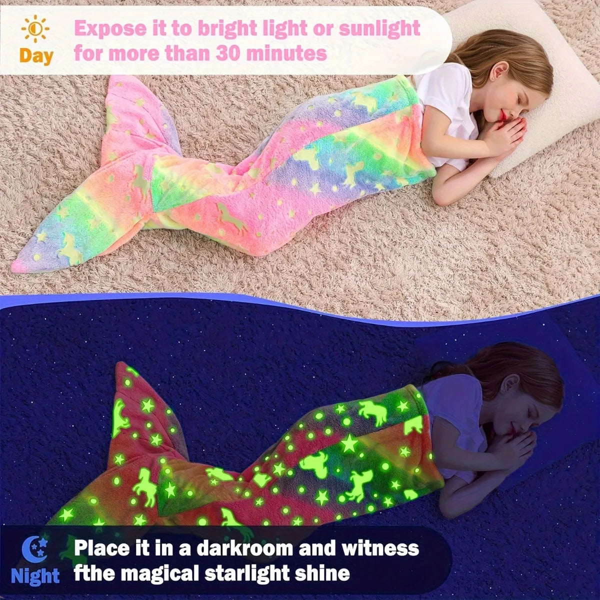 Rainbow mermaid tail blanket glowing in the dark with vibrant colors and starry designs