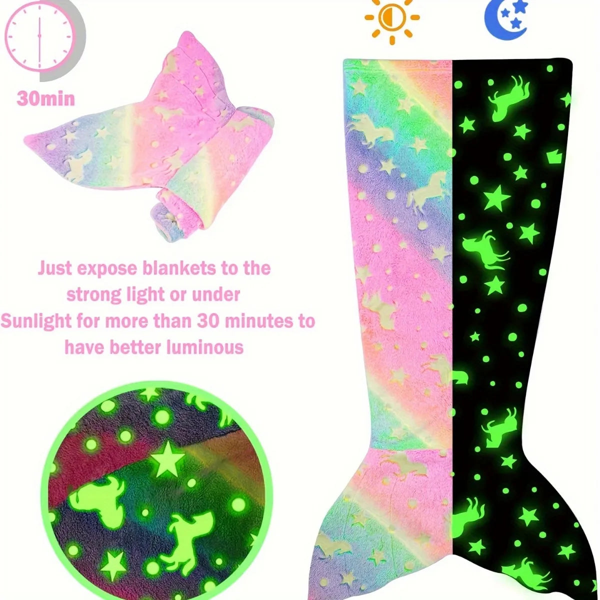 Colorful rainbow mermaid tail blanket glowing in the dark designed for cozy and fun lounging
