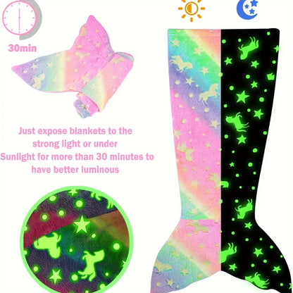 Colorful rainbow mermaid tail blanket glowing in the dark designed for cozy and fun lounging